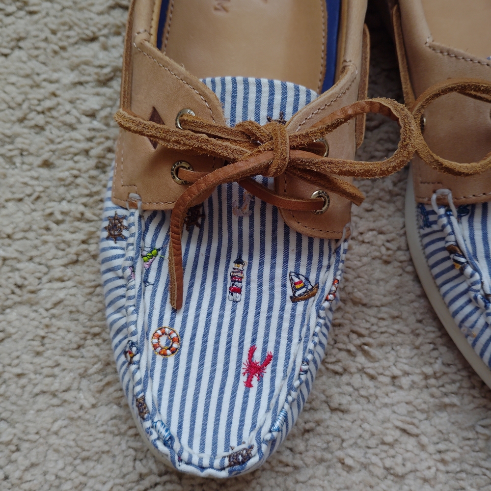 Sperry Women's Tan and Blue Striped Boat Shoes - Picture 3 of 7